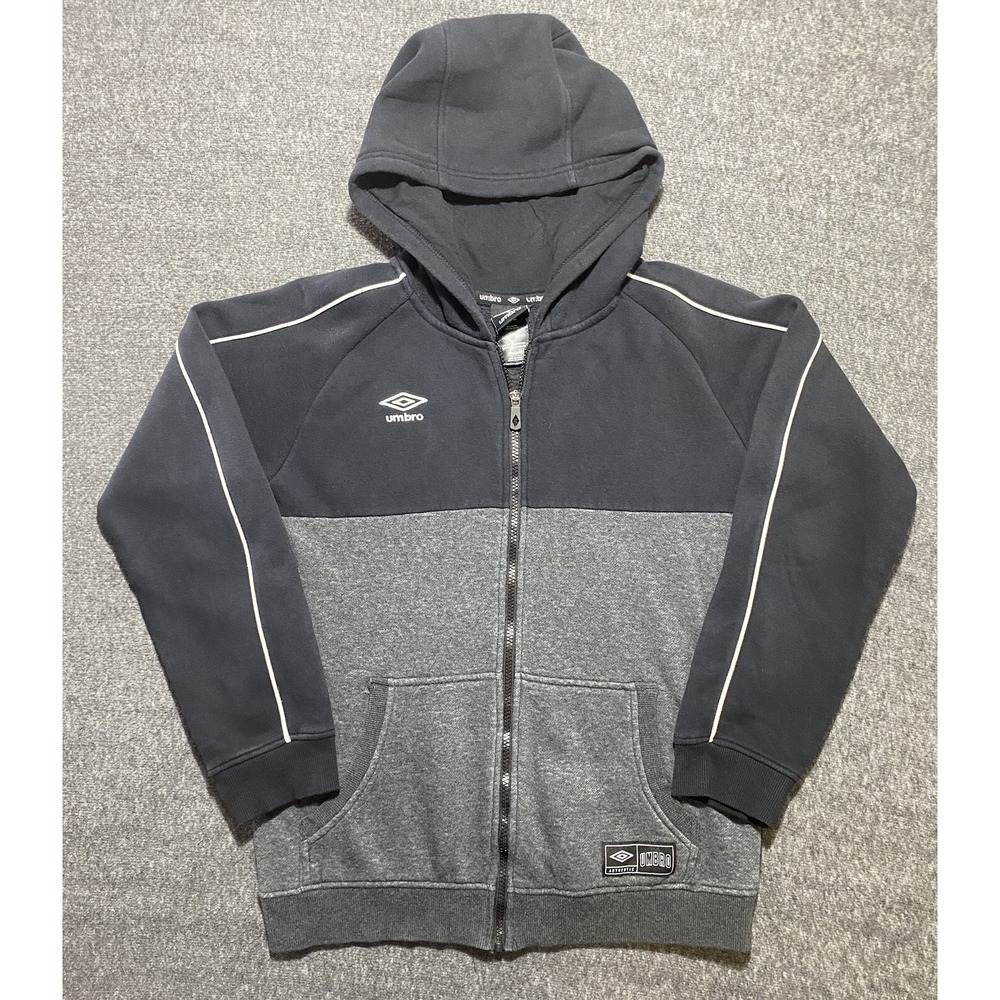 Umbro Youth Boys Hooded Jacket Gray Black Zip Front Lightweight Size XL-EG-16/18